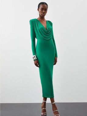 NWT Karen Millen Emerald Green Cowl-Neck Long Sleeve Midi Dress